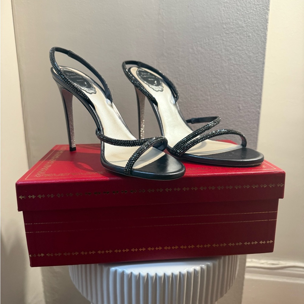 Rene Caovilla Black Crystal-Strap Slingback Heels